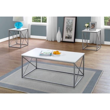 Monarch Specialties Ensemble De Table, Ensemble 3pcs, Café, Bout, Côté, Accent, Salon, Métal, Stratifié, Blanc, Gris, Contemporain, Moderne