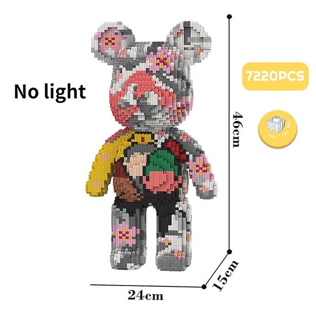 Giant Fluid Violence Bear Cartoon Love Violent Bear Bearbrick Colour Model Building Block Micro Diamond Bricks Kids Toy Gift Set. This 46 cm tall bear-shaped model is made from 7220 micro diamond bricks, featuring a vibrant multicolored design with floral and abstract patterns in pink, yellow, green, and black. The model is displayed without lighting and measures 46 cm in height, 24 cm in width, and 15 cm in depth. Ideal for kids and collectors, it is packaged in a sealed bag with instructions included.
