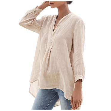 Hiiyo T-Shirt pour Femme en Coton et Lin à Col en V, Manches Courtes, T-Shirt Irrégulier, Beige TTG