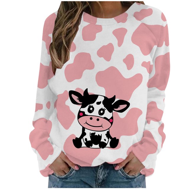 CEHVOM Womens Shirts Round-Neck Print Long Sleeve Tops Printed Regular Blouse Clearance