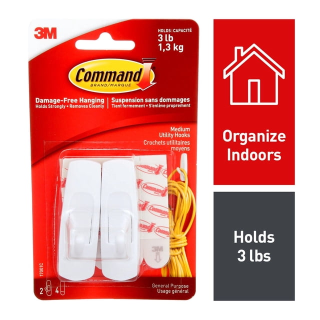 CommandTM Crochets Utilitaires Moyens, 17001C, Crochets en Plastique Blancs avec Bandes Adhésives dans un Emballage Rouge de 3 m, Supporte jusqu'à 3 Lb (1,3 kg) pour une Suspension Sans Dommages sur des surfaces Peintes, en Bois Ou en Carreaux, Idéal pour l'Organisation Intérieure et l'Usage Polyvalent.