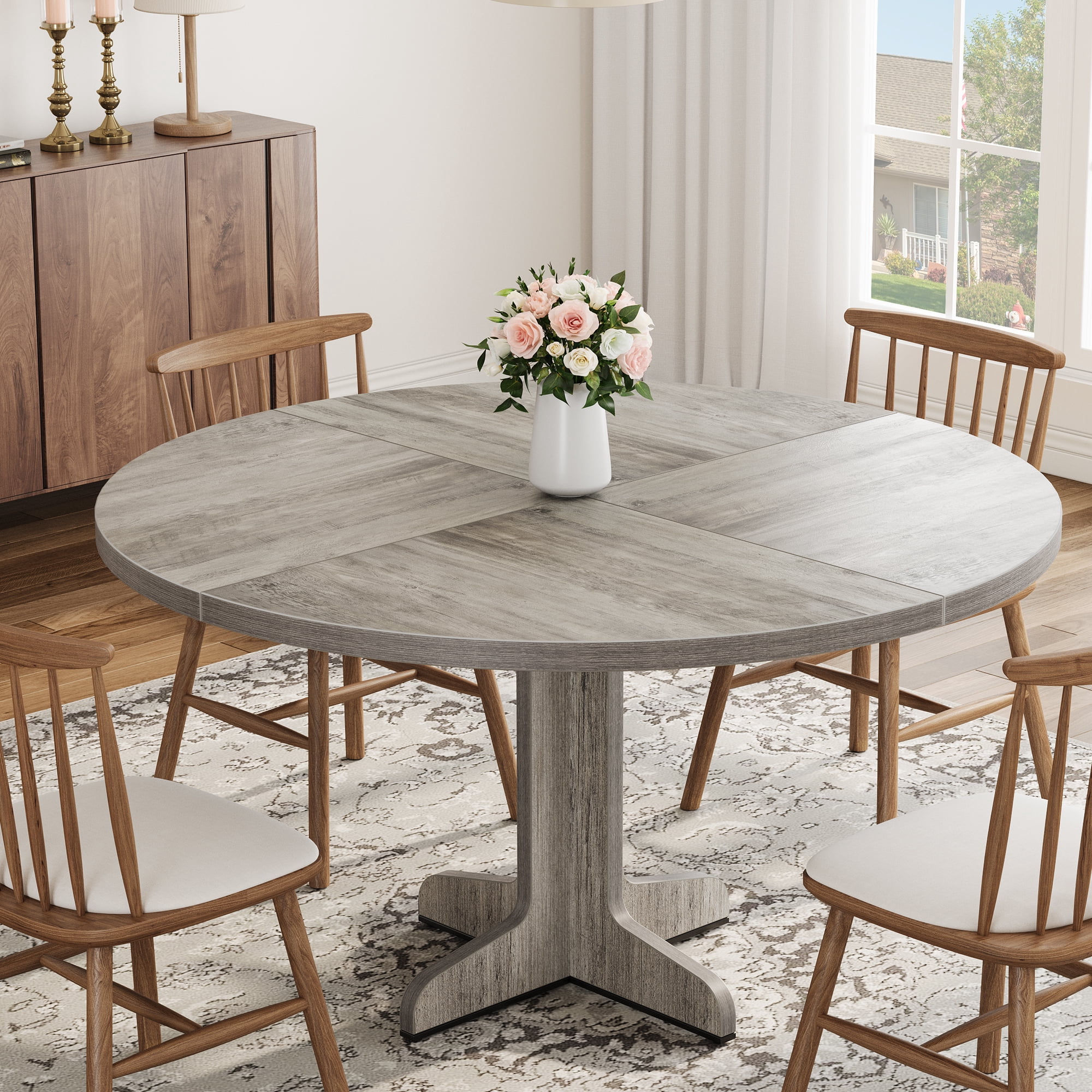 Round Dining Table for 4, Farmhouse Kitchen Table, 47 Inch Rustic Circle Dining Room Table with Wood Base for Home Dining Room or Living Room