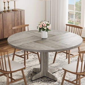Round Dining Table for 4, Farmhouse Kitchen Table, 47 Inch Rustic Circle Dining Room Table with Wood Base for Home Dining Room or Living Room