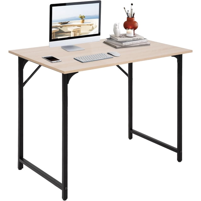 BestOffice 32 Inch Computer Desk in a modern simple style, featuring a natural wood finish and a sturdy black metal frame. The desk has a spacious 32-inch surface, suitable for home office, study, writing, or light gaming. It includes adjustable leg pads for stability and can accommodate a computer, laptop, keyboard, and other essentials. The minimalist design complements various decor styles.