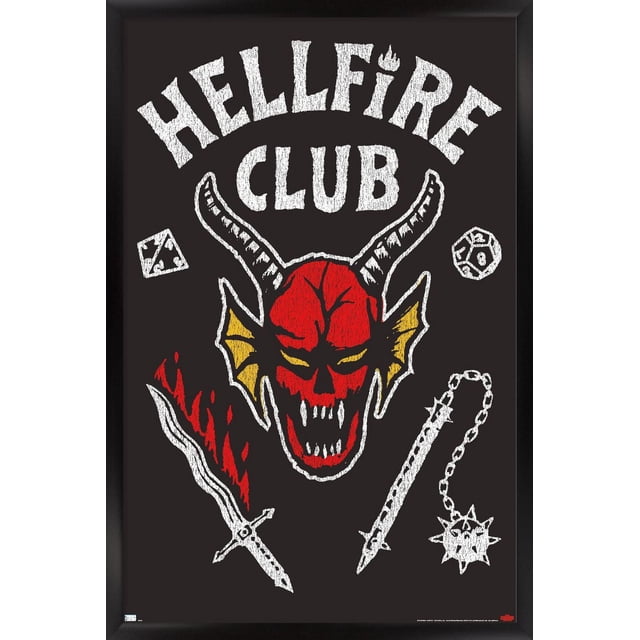 Netflix Stranger Things : Saison 4 - Affiche Murale du Hellfire Club, 14,725 Pouces x 22,375 Pouces Encadrée, Représentant un Crâne de Démon Rouge aux Yeux Jaunes, des Cornes Blanches et des Dents Tranchantes sur un Fond Noir. « Hellfire Club » Est Exposé ci-Dessus en Grandes Lettres Blanches Usées. le design Comprend des illustrations Blanches d'Une Épée Flamboyante, une Masse à Picots sur une Chaîne et Deux dés Polyédriques. Cette Affiche Encadrée Légère à Fini satin