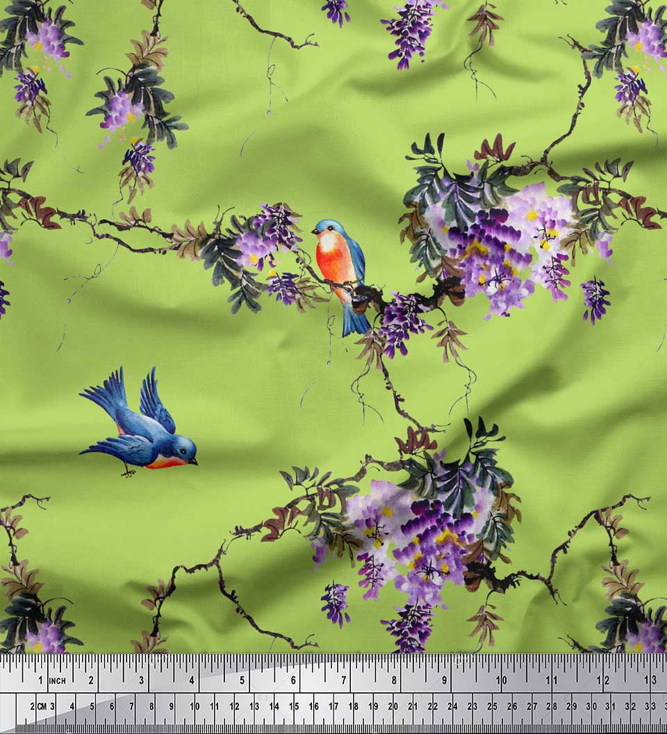 Soimoi Green Silk Fabric Floral & Flowerpecker Bird Decor Fabric Printed Yard 44 Inch Wide