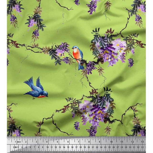 Soimoi Green polyester Crepe Fabric Floral & Flowerpecker Bird Printed Fabric 1 Yard 52 Inch Wide