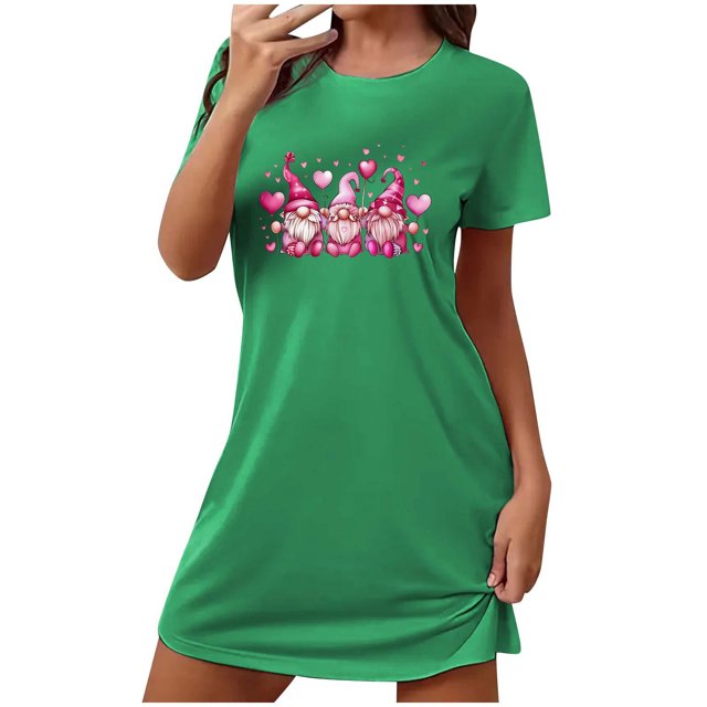 Chemises de Nuit pour Femmes, Douce Confortable Légère à Manches Courtes Robe de Nuit Confortable pour Dames à Imprimé Cœur Robes de Nuit pour Femmes Tenue de Nuit Robe Vert G