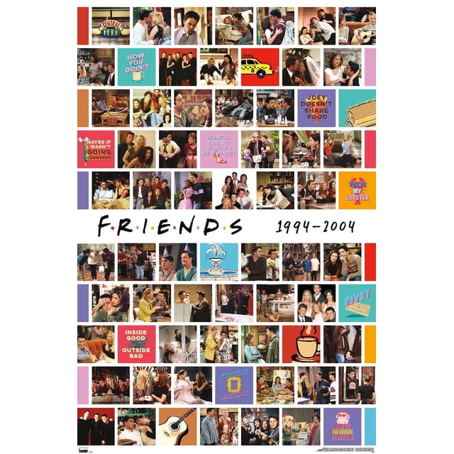 Friends TV show collage wall art poster featuring multiple iconic scenes and quotes from the series, including the Central Perk logo, characters in memorable moments, and phrases like 'How you doin'?', 'Joey doesn't share food', and 'You're my lobster', with the Friends logo and years 1994-2004 centered.