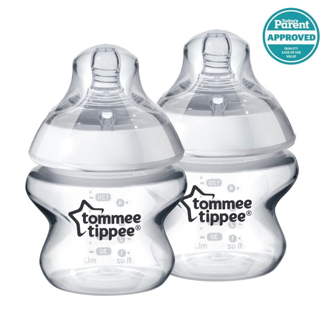 Tommee Tippee Closer to Nature Baby Bottle, 5oz, set of two clear BPA-free bottles with breast-like shaped nipples and anti-colic valves, featuring easy-to-read measurement markings and ergonomic design for newborn and infant feeding.