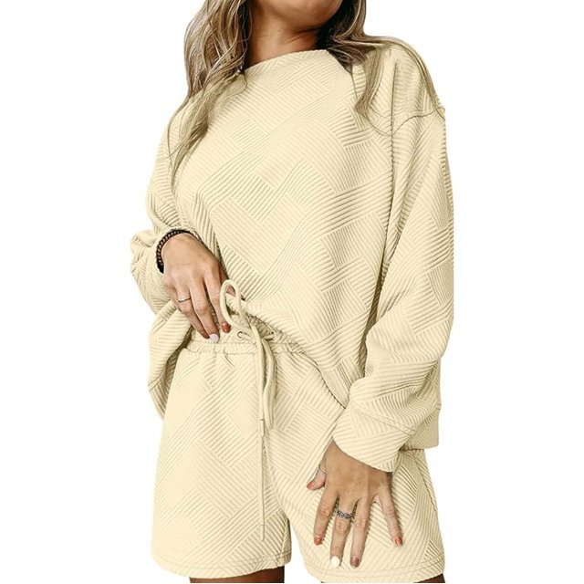 Timegard Womens Sweatsuits 2 Piece Sets Long Sleeve Tops and Elastic Waisted Drawstring Shorts Running Gym Sets