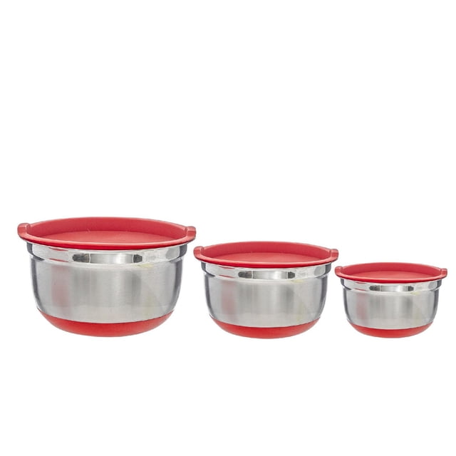 German Bowl With Red Lids And Anti Skid Base set of three stainless steel bowls with red lids and round red anti skid bases, sized small to large, ideal for kitchen use and dishwasher safe, often used for mixing or storing ingredients.