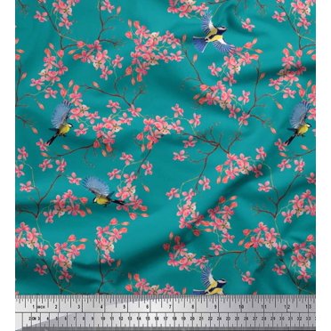 Tissu de Crêpe de Polyester Pomme Floral & Bleu Tit Oiseau Tissu Imprimé par la Cour 52 Pouces de Large