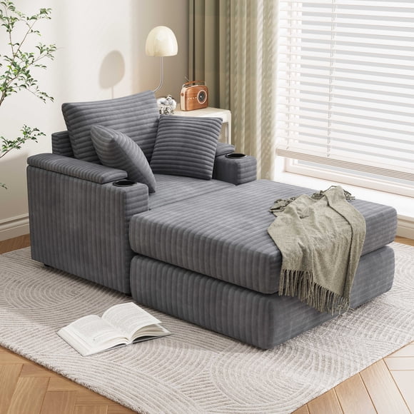 AECOJOY Oversized Chaise Lounge Chair with Ottoman, Comfy Indoor Lounge Armchair with Side Pocket, Cup Holder, Pillow and Storage Box for Living Room, Bedroom, or Apartment, Grey