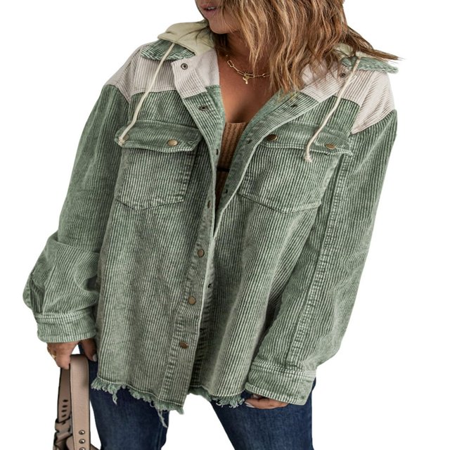 Womens Corduroy Shacket Jacket Long Sleeve Button Down Color Block Hooded Coat with Pockets