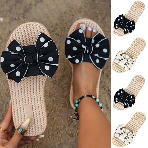 RoamHome Women's Fashion Casual Bowknot Open Toe Flat Slippers | Breathable Lightweight Indoor Outdoor Slides | Comfortable Summer Beach Pool Daily Flip Flops