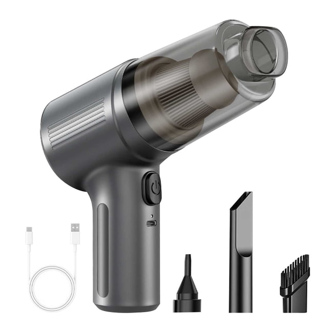 TopLLC Cordless Stick Vacuum Cleaner, a portable carpet cleaner with a compact, handheld design in grey. Features a transparent dust container, visible filter, and multiple attachments including a long flat nozzle, brush head, blowing nozzle, and Type-C charging cable. Offers high-power suction and wet/dry functionality for car and home cleaning.
