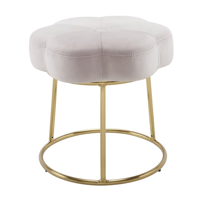 Sabine Accent Vanity Stool in pink plush velvet with a floral-inspired padded seat and gold-plated round tubing base, 17.75 inches high, designed for kitchen and dining seating, also suitable as an accent stool for vanity or desk use.