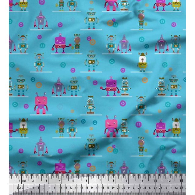 Soimoi Rayon Crepe Fabric Cartoon Machine & Gear Parts Hardware Fabric Prints by Yard 46 Inch Wide