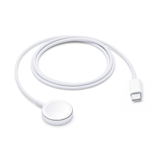 Apple Watch Charge Cable USB-A (1M)-AME featuring a white magnetic charging puck connected to a 1-meter white cable with a USB-A connector, designed for effortless Apple Watch charging with a sealed system and no exposed contacts, suitable for Apple Watch Series 5.