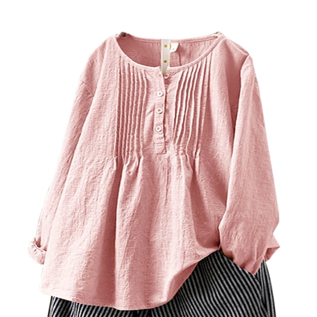 CHOK Womens Plus Size Cotton Linen Ruch Shirt Solid Loose Tunic Top Blouses in a soft pink color. This casual and simple long-sleeve blouse features a round neck, half-button closure, and a loose waist design. Made from lightweight cotton linen fabric, it offers comfort and breathability. Suitable for daily wear, office, travel, or casual outings, and easy to pair with jeans, skirts, or pants.