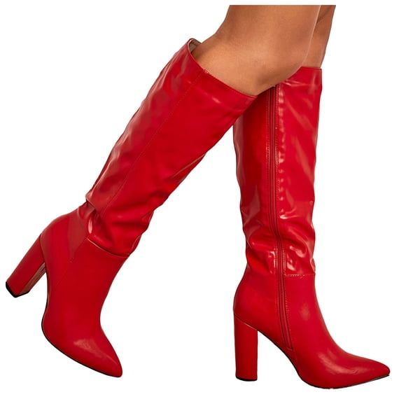 Womens Knee Length Tall Boots Leather Pointed Toe Chunky Block High Heels Mid Calf Dress Boots Red