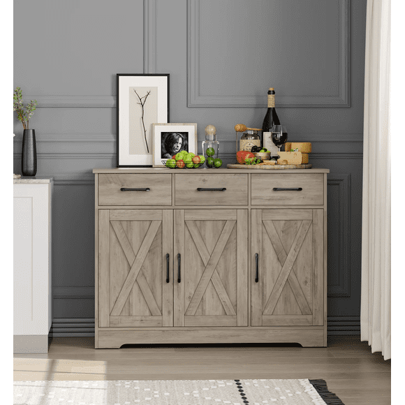 Homfa 42.5'' Kitchen Buffet Sideboard Cabinet, 3 Drawers Farmhouse Barn Doors Wood Coffee Bar Storage Cabinet with Adjustable Shelf, Wash Gray