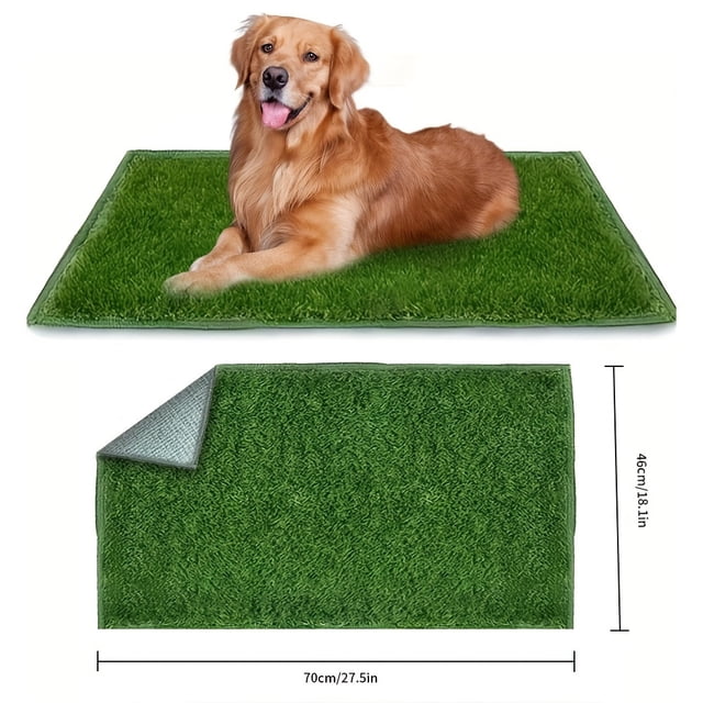 Premium Washable Dog Training Mat with a rectangular artificial grass surface, measuring 27.5 inches by 18.1 inches. This water-resistant mat is suitable for indoor and outdoor use, designed for dog potty training. The image shows a golden dog lying on the green mat, with a detailed view of the mat's underside showcasing its durable plastic backing.