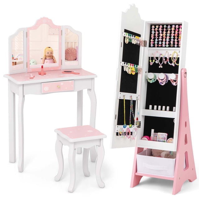 Costway Kids Vanity Set Princess Makeup Dressing Table & Chair Set with Jewelry Armoire White