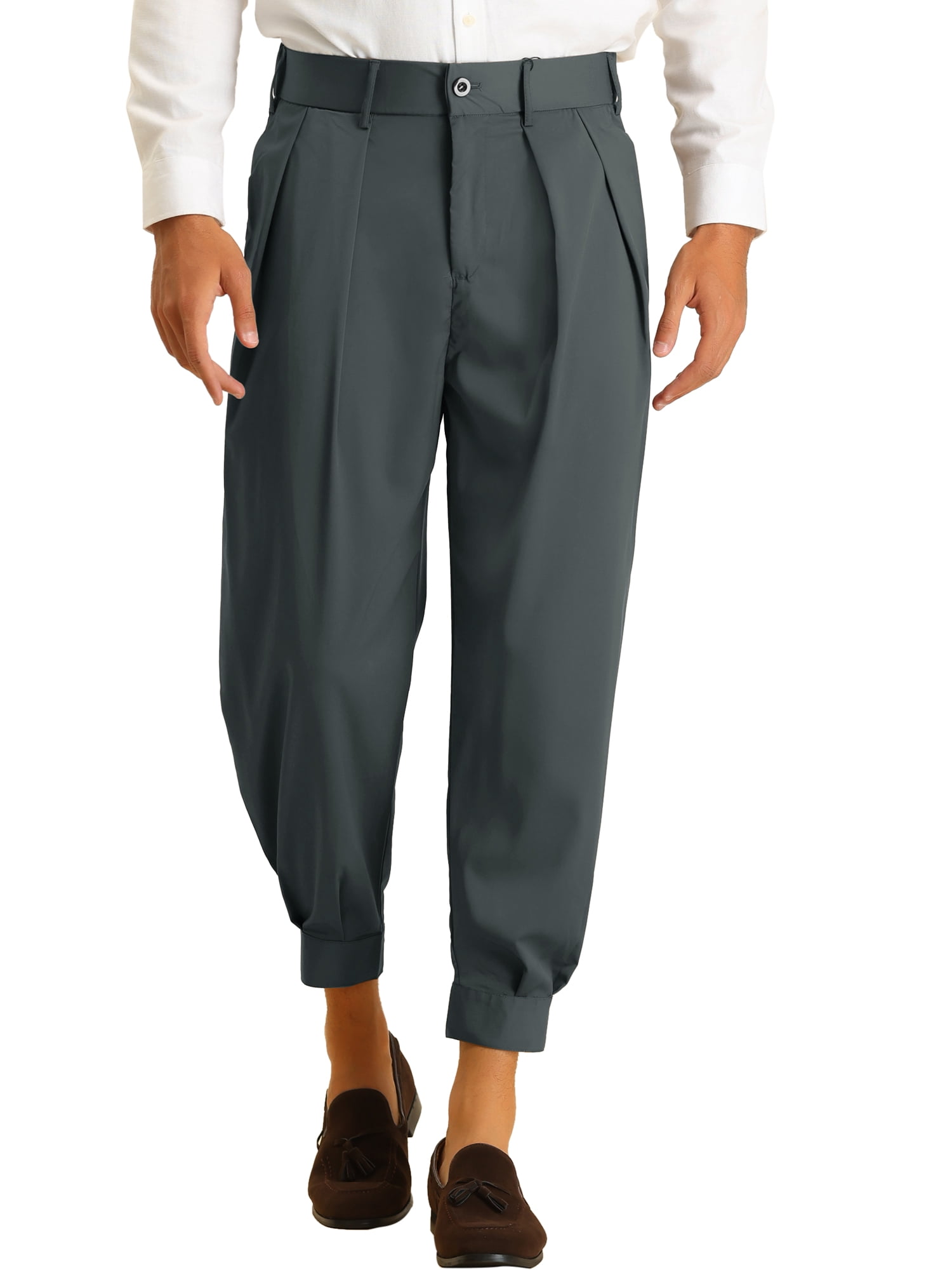 INSPIRE CHIC Men's Cropped Formal Solid Color Double Pleated Dress Pants 28 Dark Gray