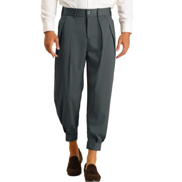 Unique Bargains Men's Cropped Formal Solid Color Double Pleated Dress Pants Dark Gray 30