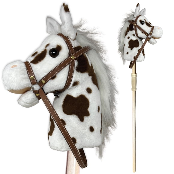 Stick Pony - Pinto - White & Brown Spots, 34" Wood Stick Ride-On, 12" Plush Horse Head, Realistic Animal Sounds, Bridle Reins, Kids 3+
