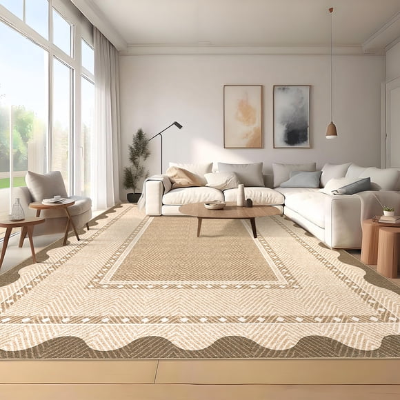 Washable Area Rugs 5x7 Modern Solid Neutral Border Pattern Large Farmhouse Rugs, Low Pile Non Slip Stain-Resistant Soft Carpet, Perfect for Living Room, Bedroom, Kids Room, Nursery