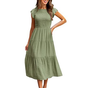 Robe Midi à Manches Courtes Volantées pour Femme, Smockée, d'Été, Décontractée, à Volants, Ligne A