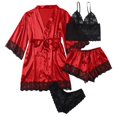 thumbnail image 5 of Ketyyh-chn99 Pyjama pour Femmes Vêtements de Nuit pour Femmes Ensemble de Pyjama en Satin de Soie pour Femmes 4 Pcs Lingerie Dentelle Florale Vêtements de Nuit avec Peignoir Rouge,G, 5 of 5