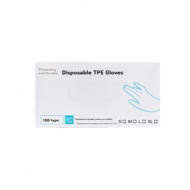 Disposable TPE Gloves for kitchen and baking, made of durable and thick nitrile material. These transparent, food-grade gloves are latex-free and suitable for handling food. The packaging displays 'Thickening and Durable' with size options S, M, L, XL, and a count of 100 gloves per box.