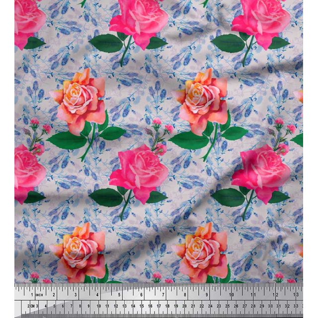 Soimoi Gray Poly Georgette Fabric Leaves & Rose Flower Print Sewing Fabric BTY 42 Inch Wide