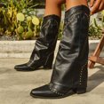 thumbnail image 4 of Studded Fold Over Knee High Boots for Women Slouchy Punk Stacked Leather Pointed Toe Wide Mid Calf Motorcycle Riding Tall Boots, 4 of 7