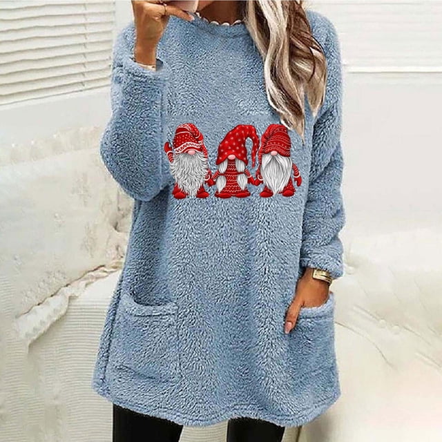 TIMIFIS Cadeaux de Noël Chandail à Col Rond pour Femmes Chandail Molletonné Décontracté d'Hiver Gnomes Père Noël Noël Imprimé Chandails à Manches Longues Hauts avec Poche