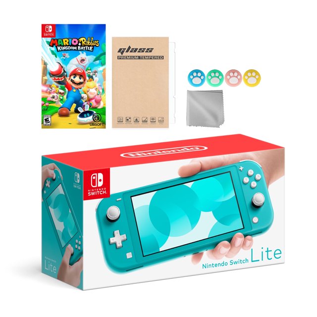 Nintendo Switch Lite Turquoise with Mario Rabbids Kingdom Battle and Mytrix Accessories NS Game Disc Bundle Best Holiday Gift
