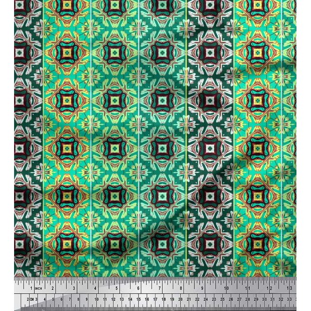 Soimoi Moss Georgette Fabric Stripe & Moroccan Kaleidoscope Printed Fabric 1 Yard 42 Inch Wide