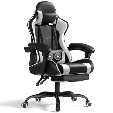 Homall Chaise de Jeu en Cuir PU avec Repose-Pieds et Soutien Lombaire, Massage, Chaise Ergonomique pour Gamer, Hauteur Réglable, Chaise d'Ordinateur, Blanc