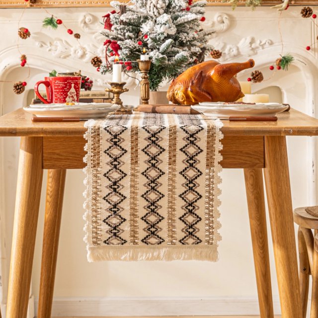 Christmas Boho Macrame Table Runner, Linen Woven Christmas Decorations Table Runners 72 Inches Long, Xmas Decor Indoor Outdoor Farmhouse Home Kitchen Dining Party Decor Christmas Runner
