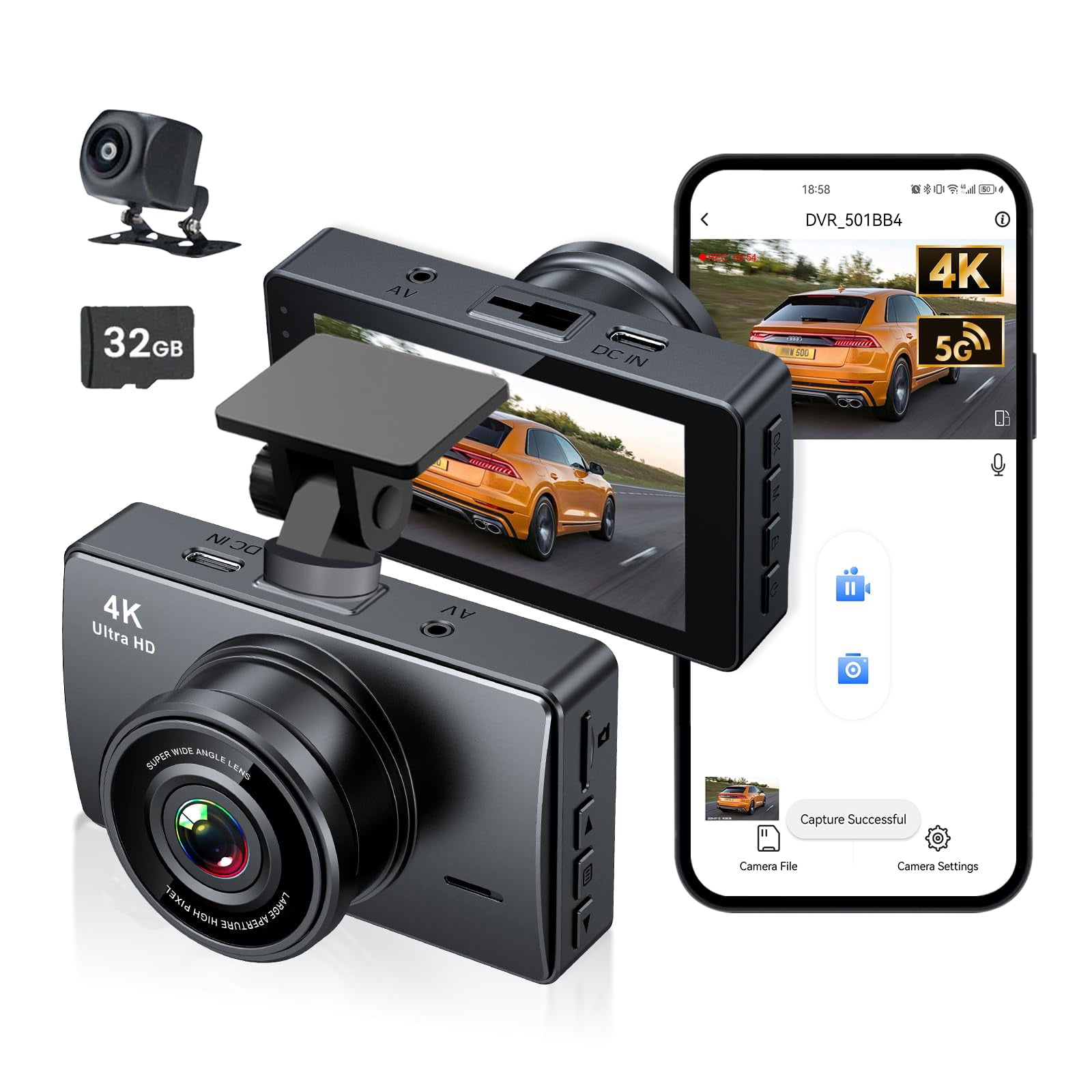 Dash Cam Front and Rear, Dash Camera for Cars 4K+1080, Dashcam Built-in WiFi, APP Control, 32GB Card Included, 3" IPS Touch Screen, 24H Parking Monit