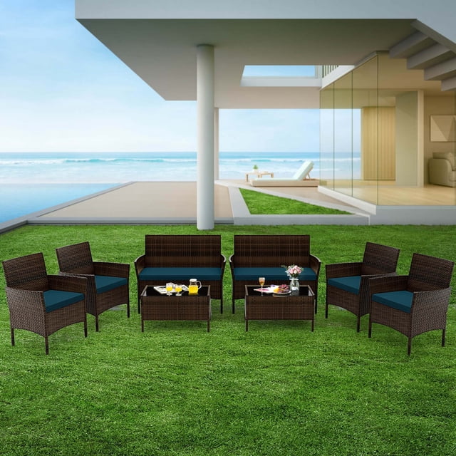 Costway 8 PCS Patio Furniture Set with Washable Cushions and Tempered Glass Coffee Table Blue