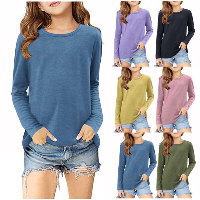 Tranfacy Chemises à Manches Longues pour Filles, Chemises d'Automne, Chemises à Manches Longues Unies pour Filles, Blouses Décontractées à Col Rond Mignon Hauts d'Automne