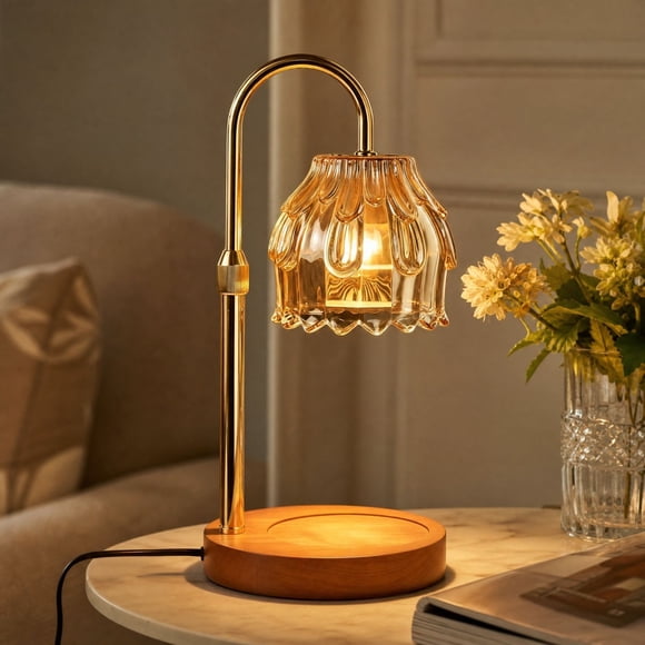 Lampe Chauffe-Cire Réglable avec Abat-Jour en Verre, Base en Bois, Cadre Doré pour la Déco de la Maison