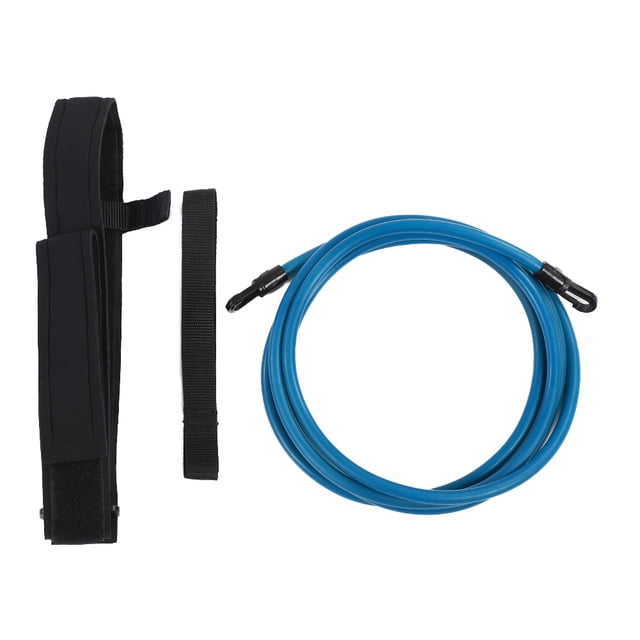 Latex Tube + Nylon Portable Swimming Strap, Swim Tether, for Swim Learners Swimmers. The image shows a set including a blue elastic latex tube, a black waist belt, and a black tether. Designed for swim training and exercise, it helps improve swimming strokes, endurance, and technique. Portable for use in various locations like backyard and hotel pools.