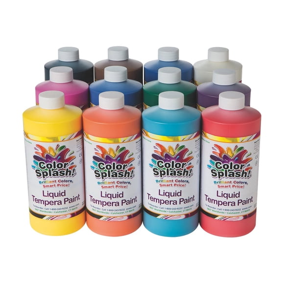 S&S Worldwide Color Splash! Liquid Tempera Bulk Paint, 12 Bright Colors, 32-oz Bottles, Great for Arts & Crafts and School as Poster Paint, For Kids & Adults, Non-Toxic, Set of 12.