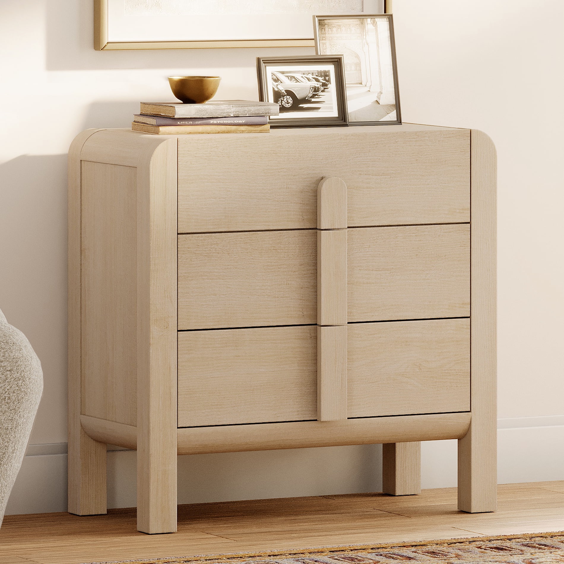 WAMPAT Commode à 3 Tiroirs, Commode Moderne Mi-Siècle de 31,5 Pouces de Large, Commode en Bois avec Poignées Courbées, Chambre, Salon, Chêne Clair